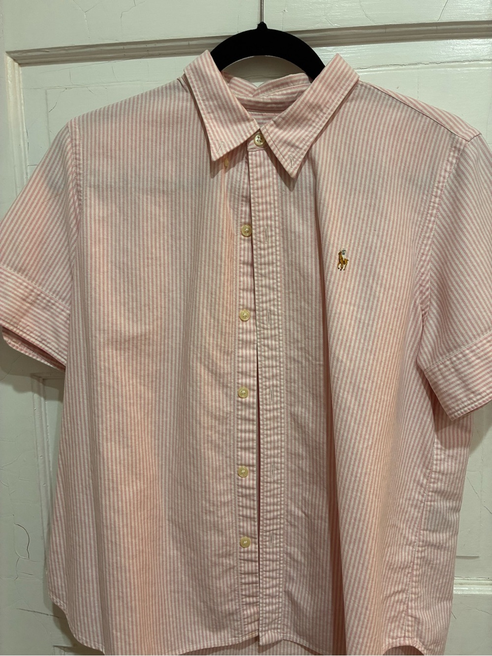 RASLPH LAUREN pink and white striped short sleeve shirt.